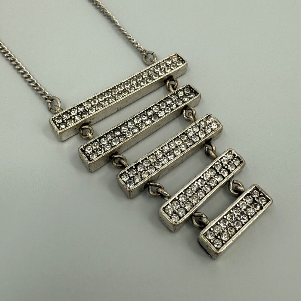 Mark by Avon Statement Necklace Silvertone Rhinestone Stacked Geometric Pendant - Picture 8 of 8